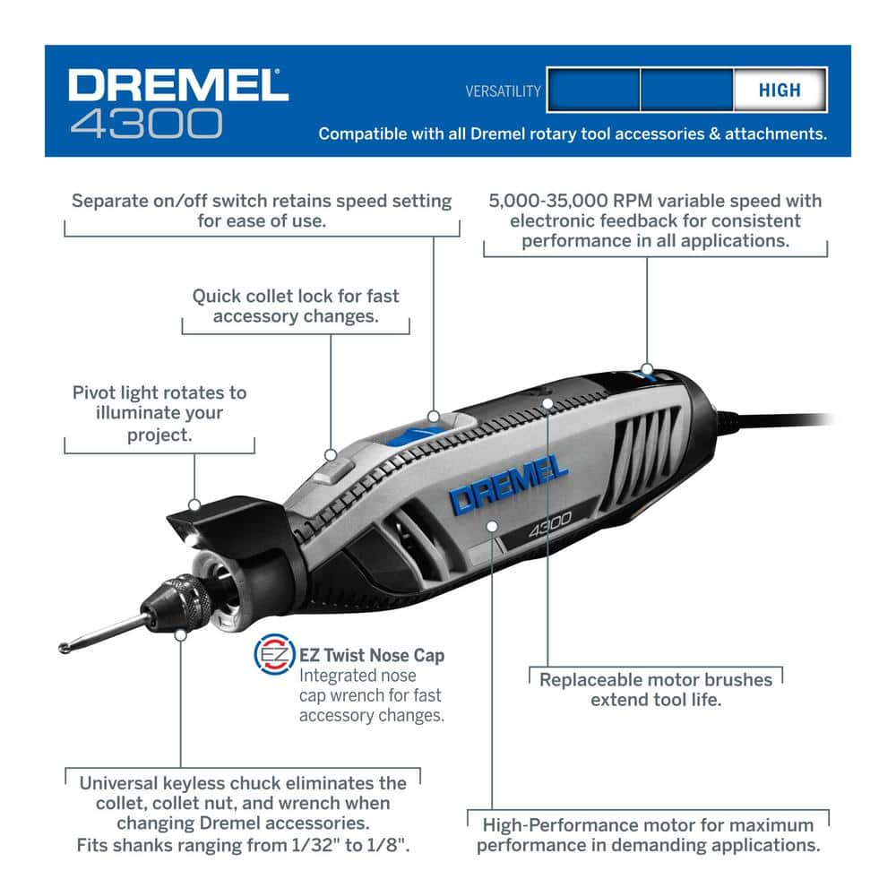 Dremel 4300 Series 1.8 Amp Variable Speed Corded Rotary Tool Kit with Rotary Tool WorkStation Stand and Drill Press