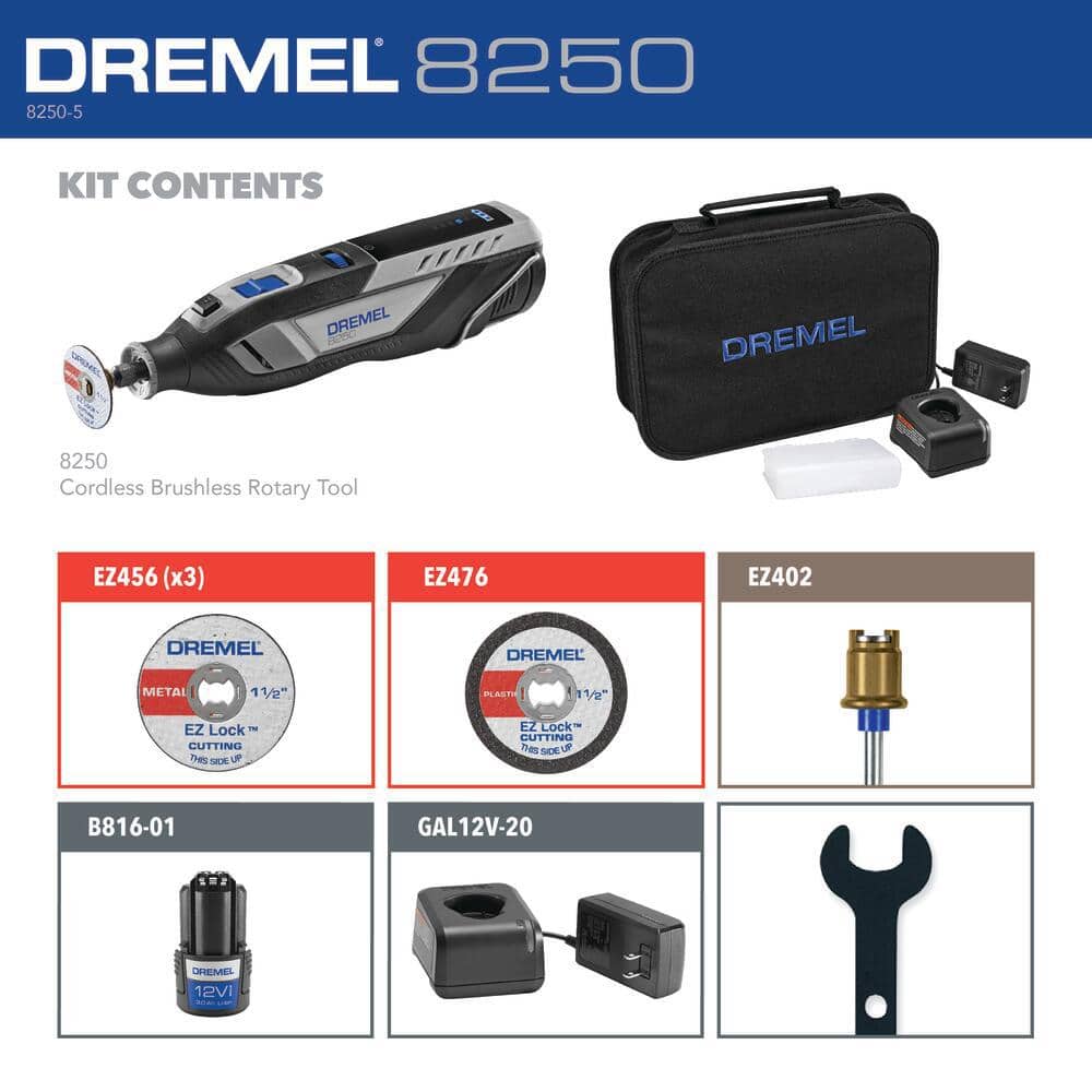 Dremel 8250 12V Lithium-Ion Cordless Brushless Rotary Tool Kit with 5 Accessories and a Carrying Case