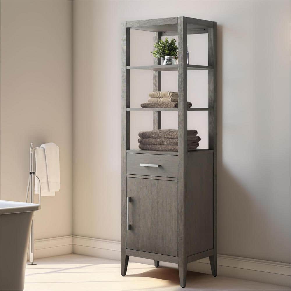 Vanity Art 21 in. W x 17 in. D x 72 in. H Brown MDF Floor Standing Linen Cabinet with Soft Close Door in Driftwood Gray/BN