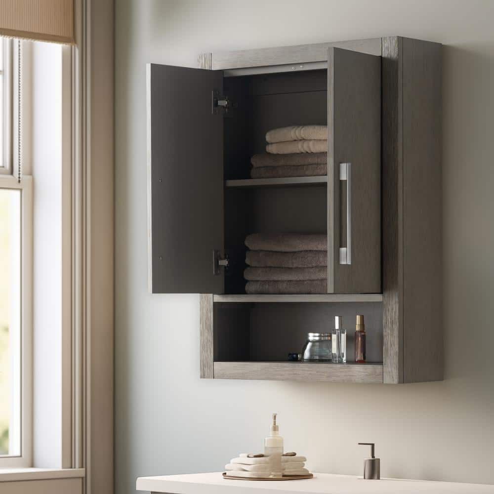 Vanity Art 24" Driftwood Gray Wall-Mounted Bathroom Storage Cabinet with Soft-Close Doors and Brushed Nickel Handles