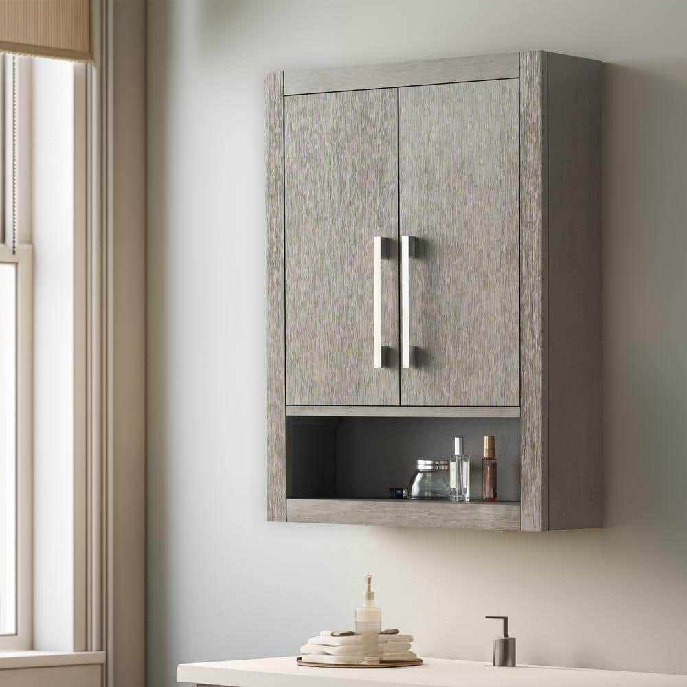 Vanity Art 24" Driftwood Gray Wall-Mounted Bathroom Storage Cabinet with Soft-Close Doors and Brushed Nickel Handles