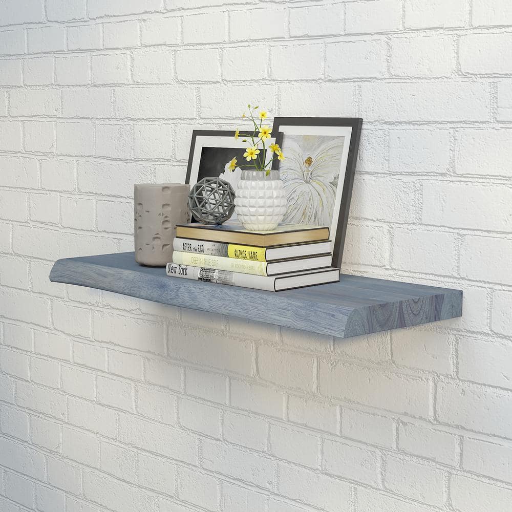 Interbuild Solid 2.3 ft. L x 10 in. D x 1.5 in. T, Acacia Butcher Block Countertop Floating Wall Shelf, Dusk Grey with Live Edge
