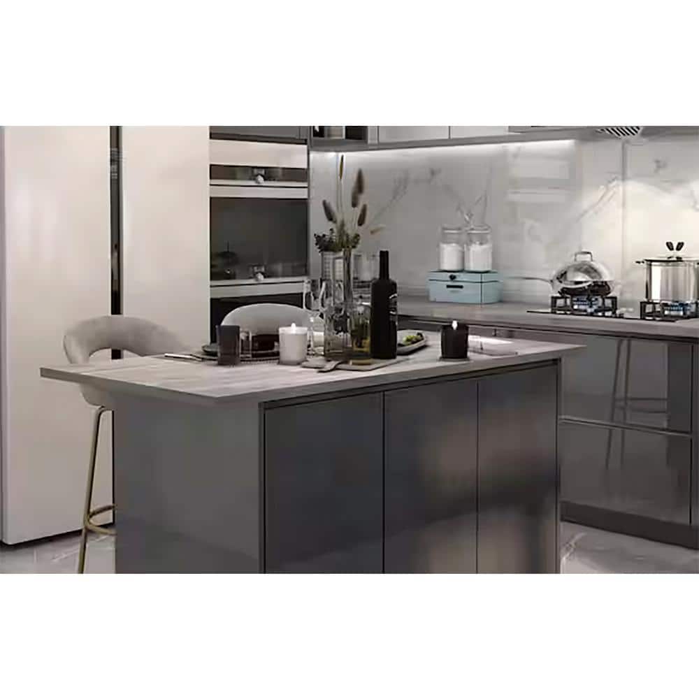 Interbuild 6.2 ft. L x 36 in. D, Acacia Butcher Block Island Countertop, Finished in Dusk Grey with Square Edge