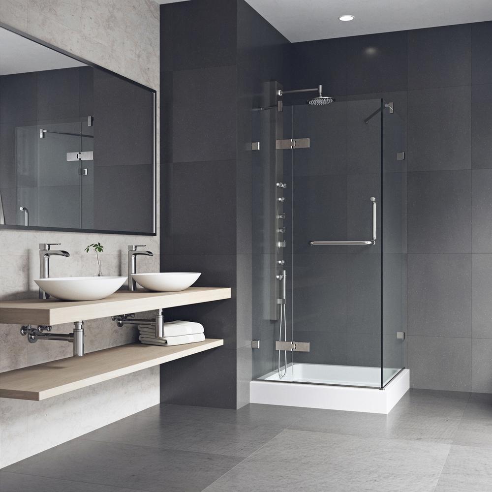 Monteray 36.125 x 79.25 in. Frameless Hinged Shower Door in Brushed Nickel with Clear Glass with Base - Super Arbor