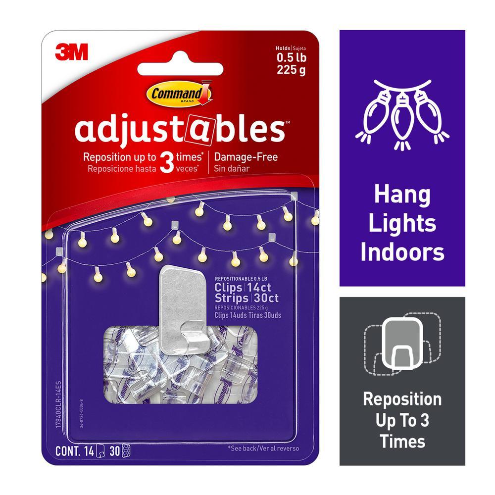 Command Adjustables 1/2 lb. Clear Repositionable Clips (14 Clips with 30 Adhesive Strips) - Super Arbor