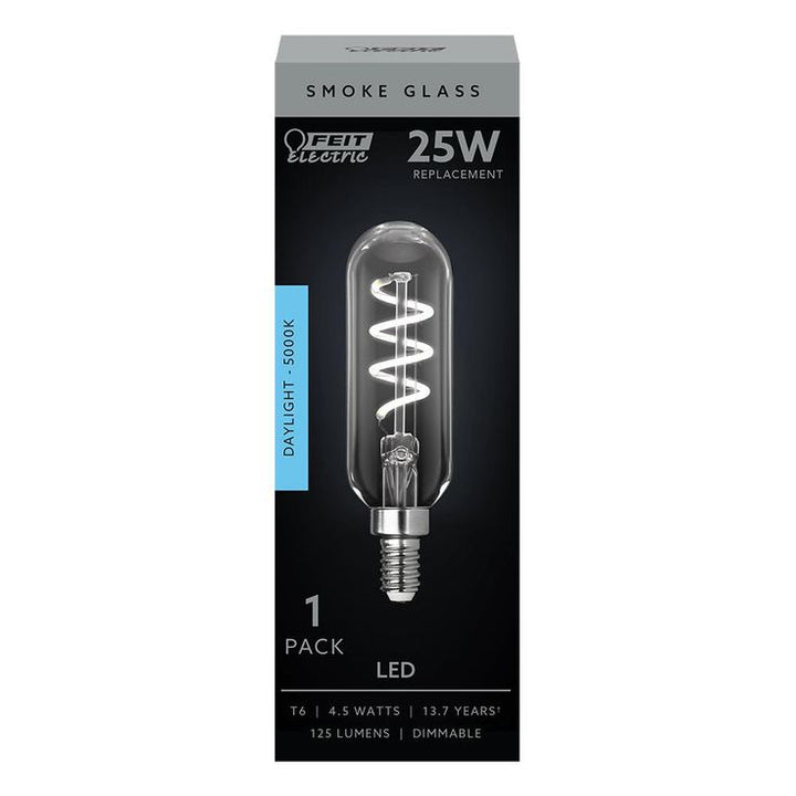Feit Electric 25-Watt Equivalent T6 Candelabra Dimmable LED Smoke Glass Vintage Light Bulb with Spiral Filament Daylight (12-Pack)