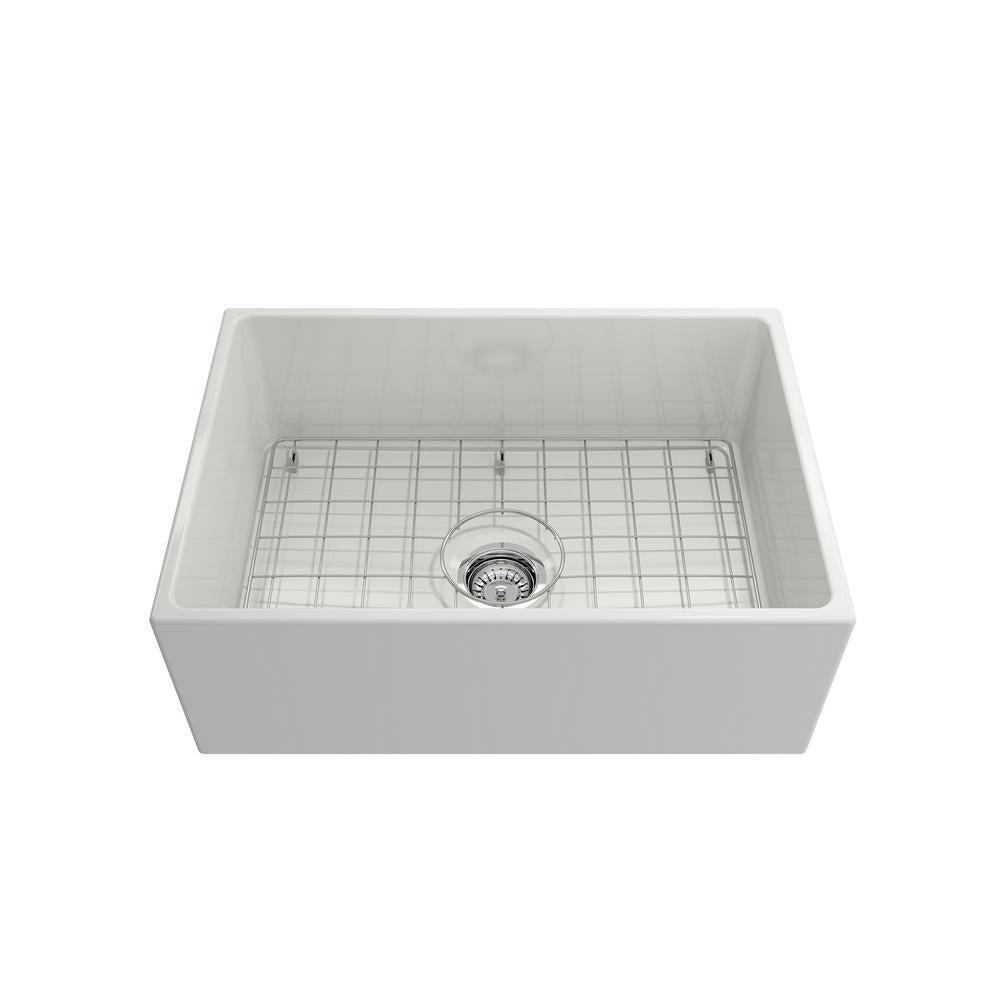 Farmhouse Apron-Front Fireclay 27 in. Single Bowl Kitchen Sink in White with Grid - Super Arbor