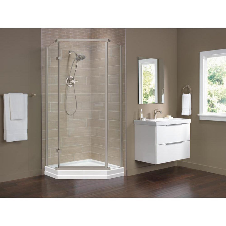 38 in. x 72 in. Semi-Frameless Pivot Door in Stainless with 38 in. x 38 in. Neo Angle Corner Shower Base in White - Super Arbor