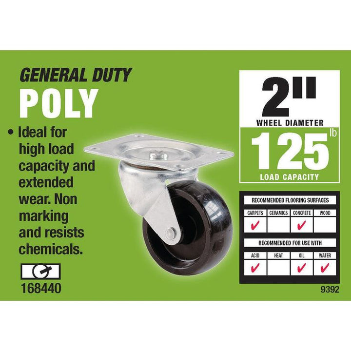 2 in. Polypropylene Swivel Plate Caster with 125 lb. Load Rating