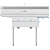 Freestanding Stainless Steel 52 in. 2-Hole Double Bowl Commercial Kitchen Sink