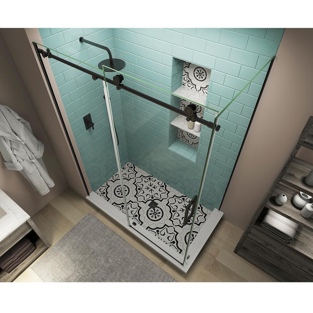 Coraline XL 44 in. - 48 in. x 34 in. x 80 in. Frameless Corner Sliding Shower Enclosure Clear Glass in Matte Black Right - Super Arbor