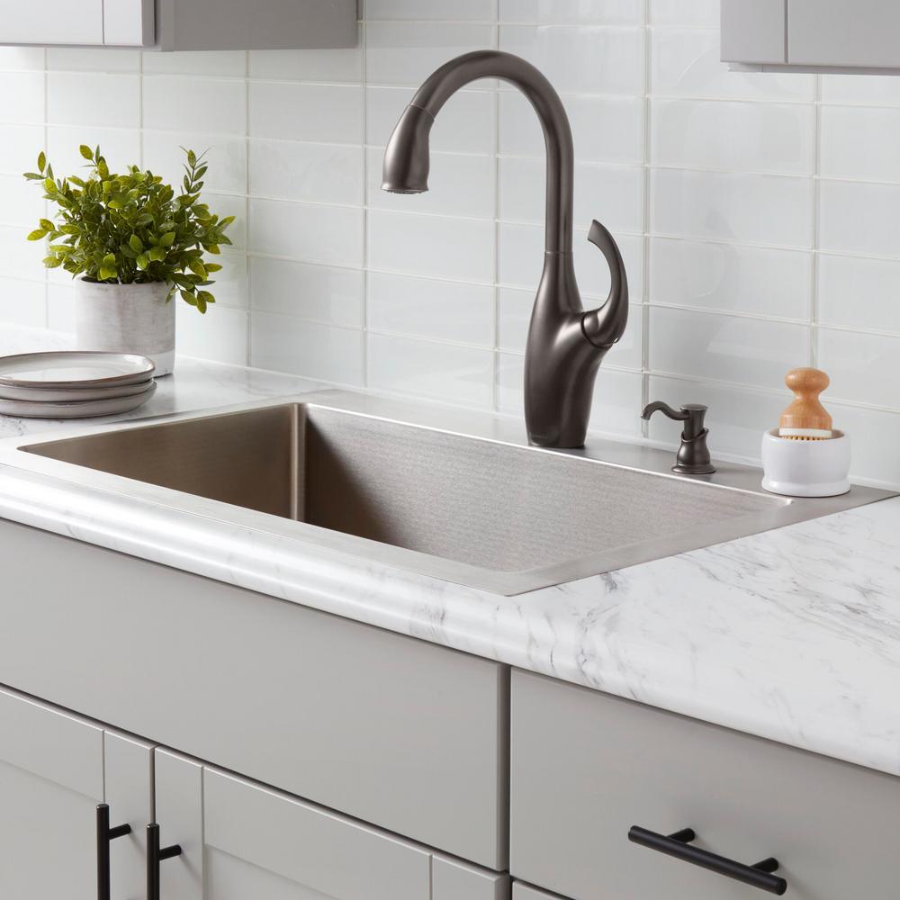 Contemporary Single-Handle Pull-Down Sprayer Kitchen Faucet with Soap Dispenser in Mediterranean Bronze - Super Arbor