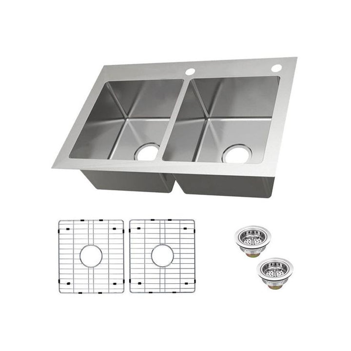 Dual Mount 18-Gauge Stainless Steel 33 in. 2-Hole 50/50 Double Bowl Kitchen Sink with Grid and Drain Assemblies