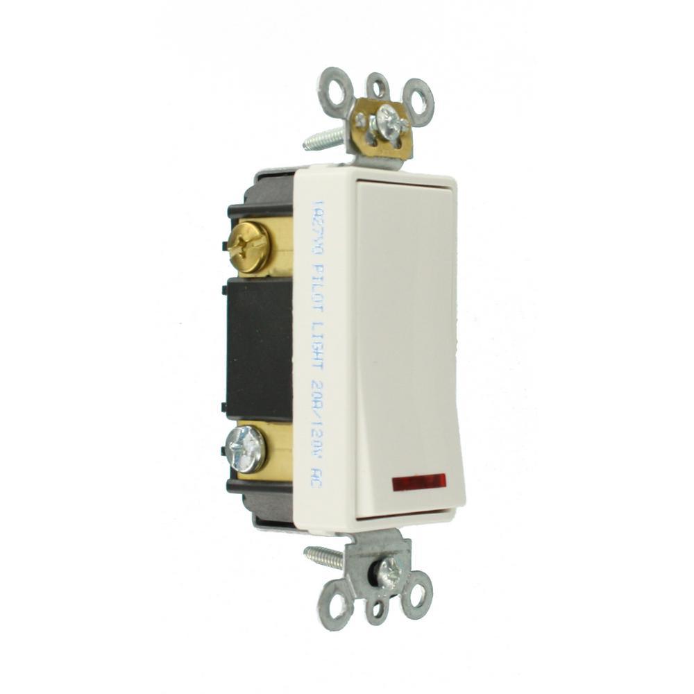 20 Amp Decora Plus Commercial Grade Single Pole Rocker Switch with Pilot Light, White - Super Arbor