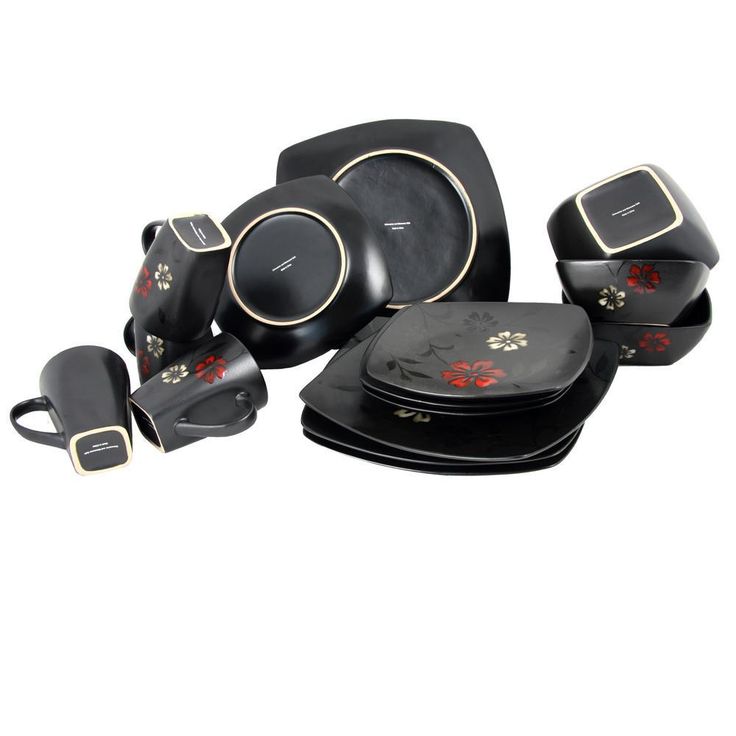 Evening Blossom 16-Piece Casual Black Stoneware Dinnerware Set (Service for 4)