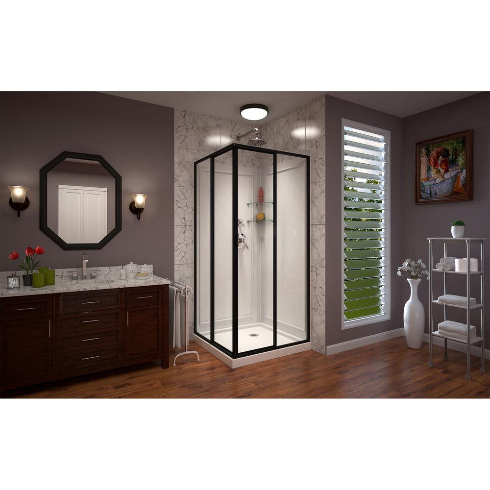 Cornerview 36 in. D x 36 in. W Framed Sliding Shower Kit in Satin Black with Shower Base in White, Corner Drain - Super Arbor