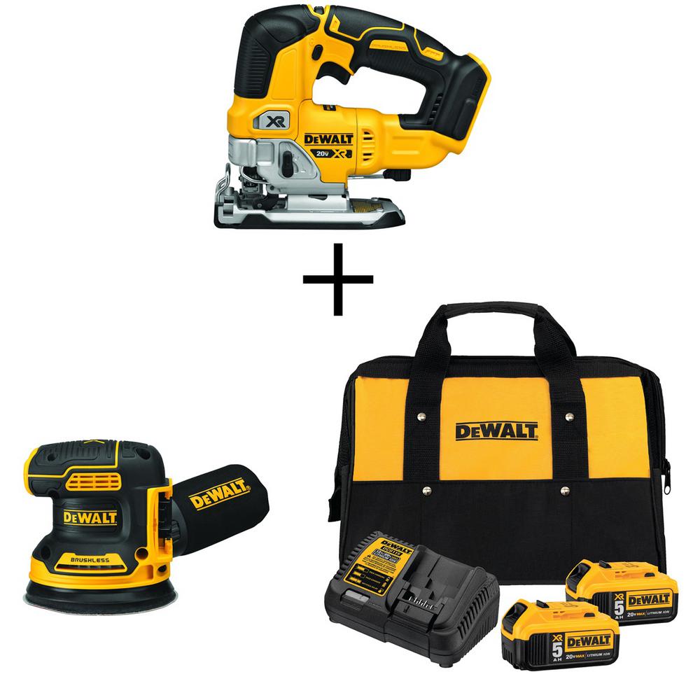 20-Volt MAX Li-Ion Cordless Brushless Jigsaw(Tool-Only) w/ Bonus 5 in. Sander(Tool-Only), Battery 5Ah(2), Charger & Bag - Super Arbor