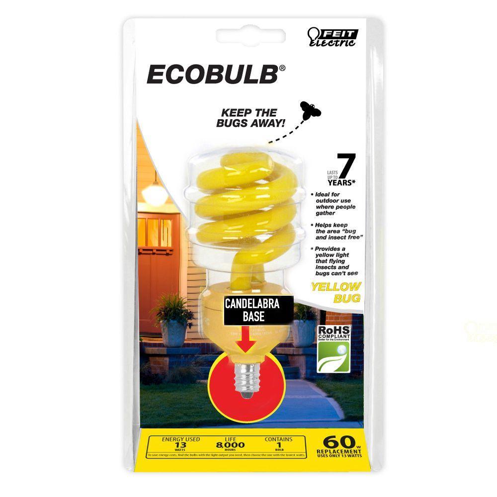 60-Watt Equivalent Yellow Colored Spiral Candelabra CFL Bug Light Bulb (Case of 12) - Super Arbor