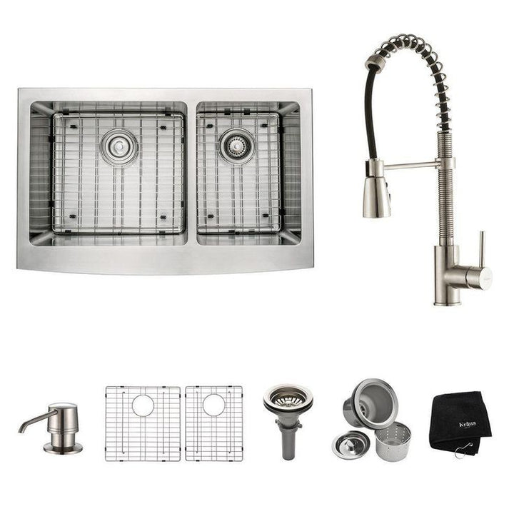 All-in-One Farmhouse Apron Front Stainless Steel 33 in. Double Bowl Kitchen Sink with Faucet in Stainless Steel
