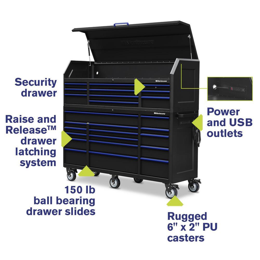 24 in. x 72 in. 26-Drawer Tool Chest and Cabinet Combo with Power and USB Outlets in Black and Blue - Super Arbor
