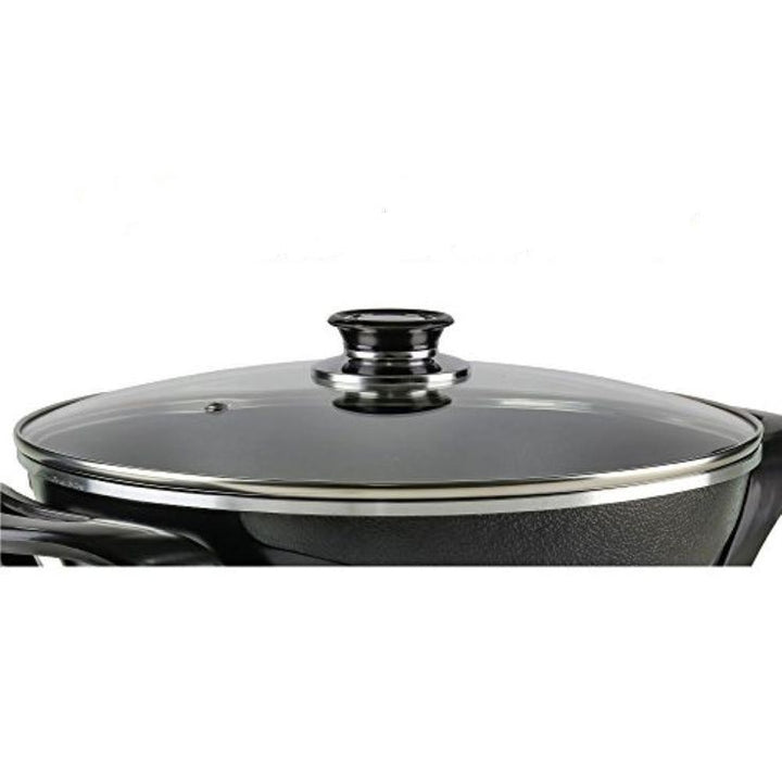 12 In. Black Non Stick Electric Skillet Aluminum Body and Tempered Glass Lid, Removable Temperature Knob