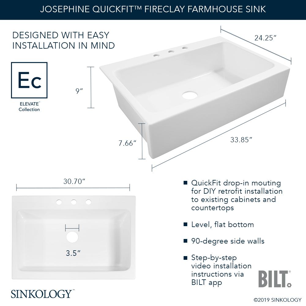 Josephine Quick-Fit Drop-in Farmhouse Fireclay 33.85 in. 3-Hole Single Bowl Kitchen Sink in Crisp White - Super Arbor