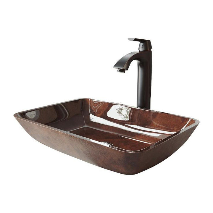 VIGO 18 Rectangular Russet Glass Vessel Bathroom Sink Set With Linus Vessel Faucet In Antique Rubbed Bronze