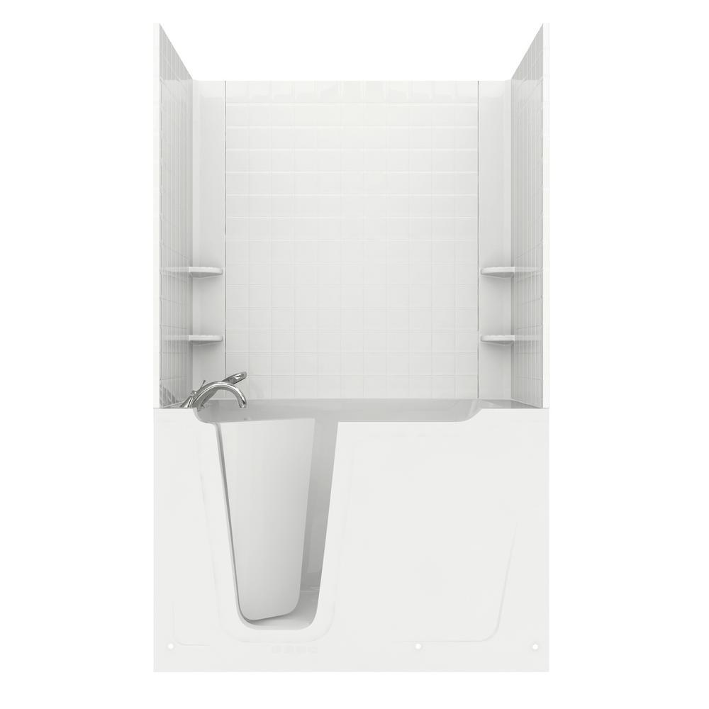 Rampart Nova Heated 5 ft. Walk-in Whirlpool Bathtub with 6 in. Tile Easy Up Adhesive Wall Surround in Biscuit - Super Arbor