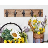 Brown Wood Wall Hook Rack with Black Iron Cactus Hooks
