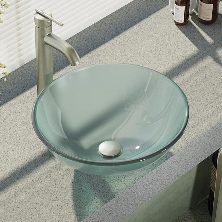Rene Glass Vessel Sink in Frosted with R9-7001 Faucet and Pop-Up Drain in Brushed Nickel