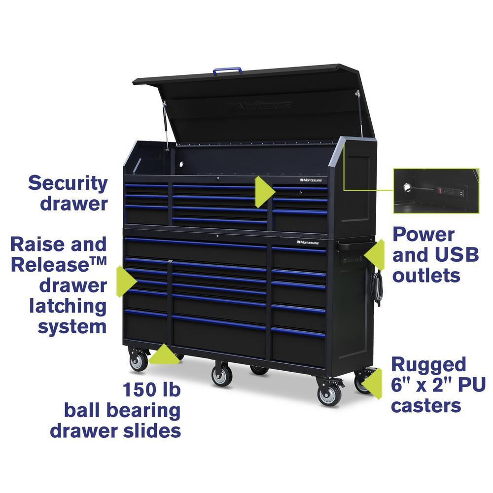 20 in. x 72 in. 26-Drawer Tool Chest and Cabinet Combo with Power and USB Outlets in Black and Blue - Super Arbor