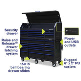 20 in. x 72 in. 26-Drawer Tool Chest and Cabinet Combo with Power and USB Outlets in Black and Blue - Super Arbor