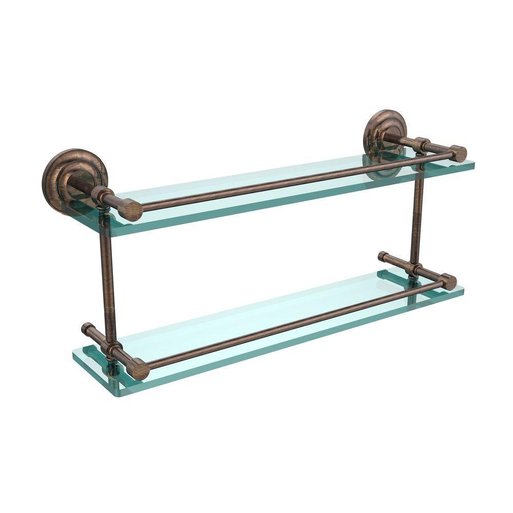 Que New 22 in. L x 8 in. H x 5 in. W 2-Tier Clear Glass Bathroom Shelf with Gallery Rail in Satin Nickel - Super Arbor