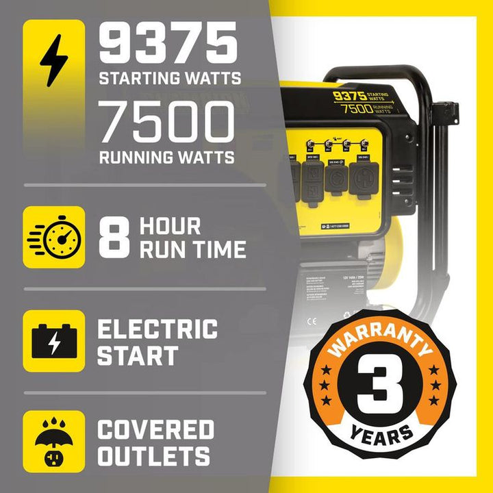 CHAMPION POWER EQUIPMENT 9375/7500-Watt Portable Generator with Electric Start and 25 ft. Extension Cord