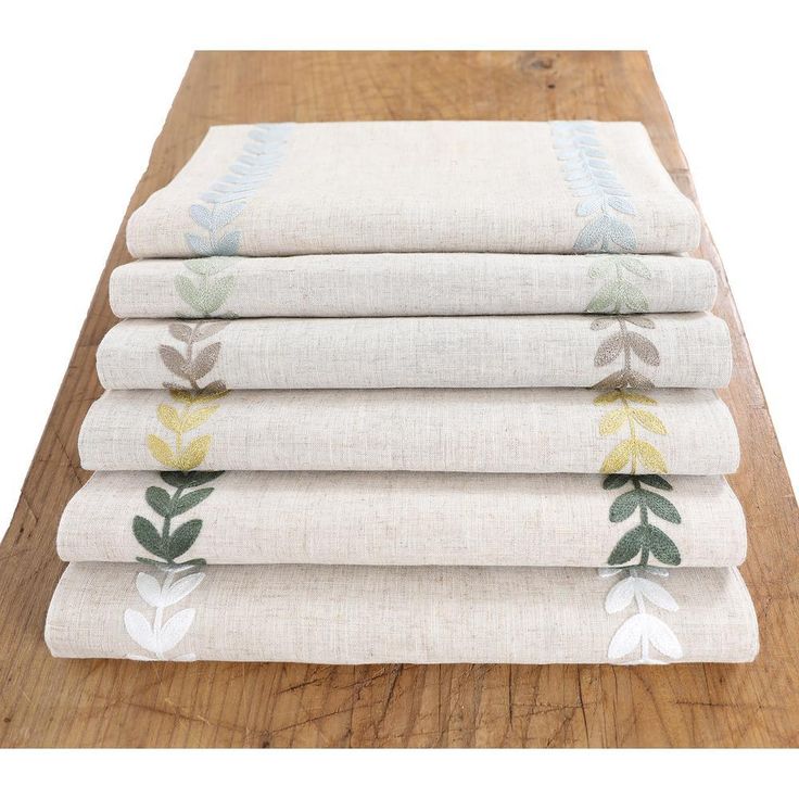 15 in. x 70 in. Cute Leaves Crewel Embroidered Table Runner, Pine Green/Natural