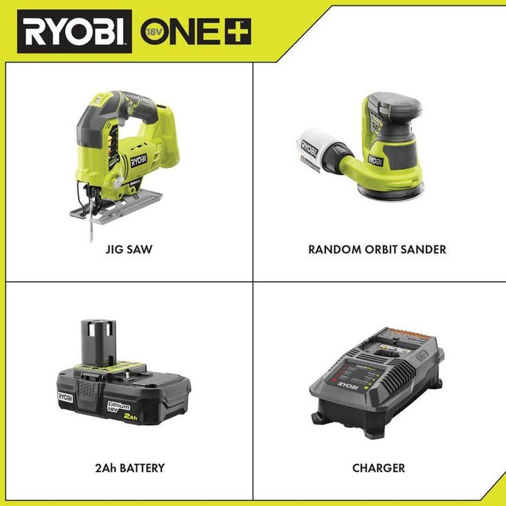 18-Volt ONE+ Cordless Orbital Jig Saw and 5 in. Random Orbit Sander with 2.0 Ah Battery and Charger