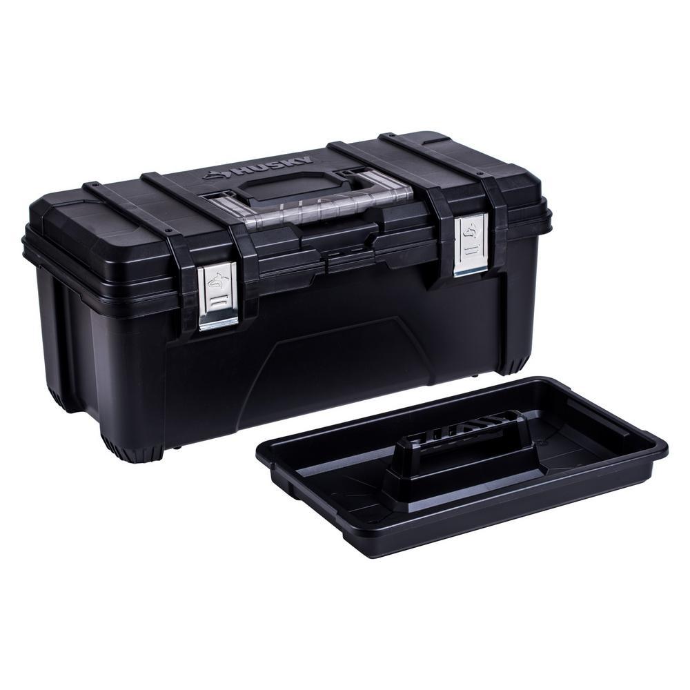 26 in. Plastic Portable Tool Box with Metal Latches in Black - Super Arbor