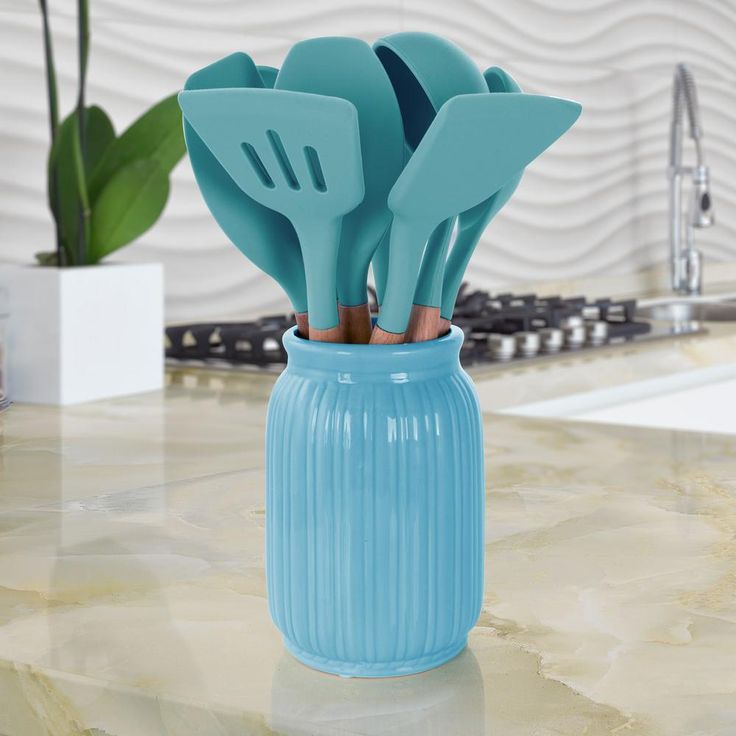 Light Teal Silicone and Wood Cooking Utensils (Set of 9)