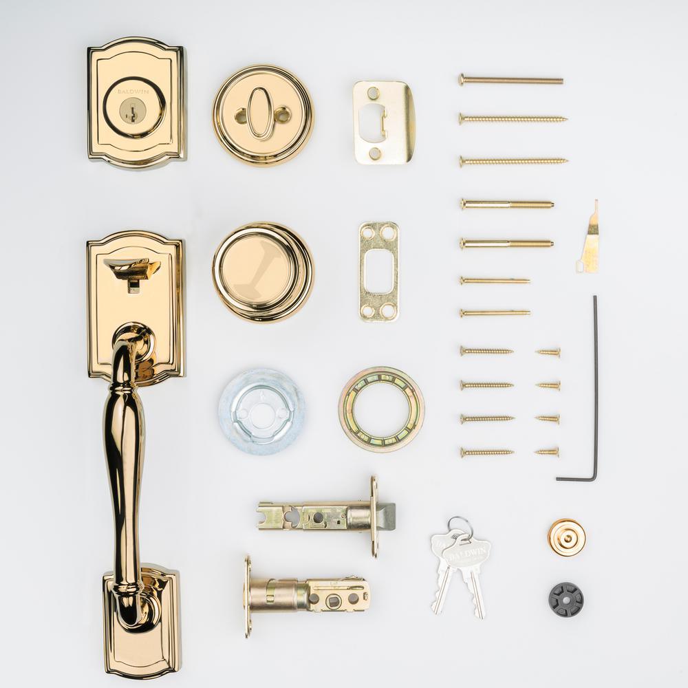 Prestige Wesley Single Cylinder Lifetime Polished Brass Door Handleset with Alcott Door Knob Featuring SmartKey Security - Super Arbor