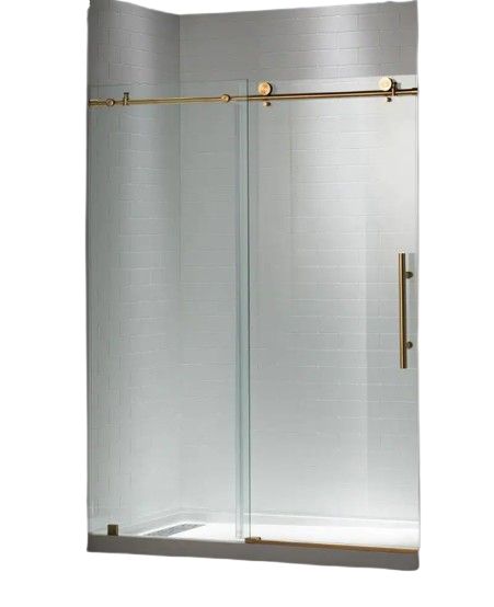 WOODBRIDGE Suffield 44–48 in. W x 76 in. H Frameless Sliding Shower Door with Shatter-Retention Glass, Brass Gold