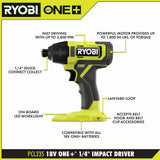 RYOBI ONE+ 18V Cordless 1/4 in. Impact Driver Kit with (2) Batteries, Charger & Bag + 20-Piece Impact-Rated Driving Set