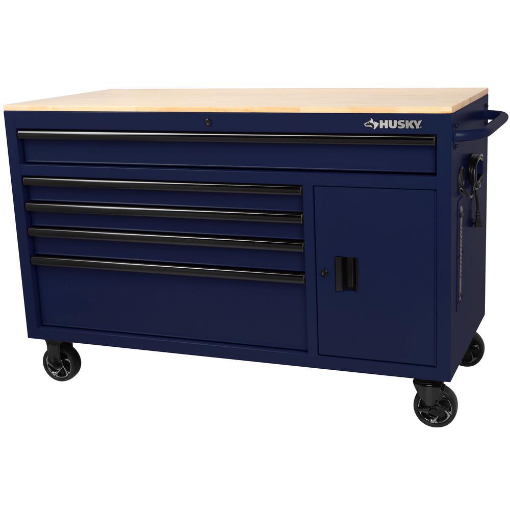56 in. W x 24.5 in. D 5-Drawer 1-Door Tool Chest Mobile Workbench with Solid Wood Top in Matte Gray