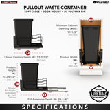 Rev-A-Shelf 53WC Series 50-Quart Single Plastic Pull-Out Trash Can, Soft-Close, Door-Mount