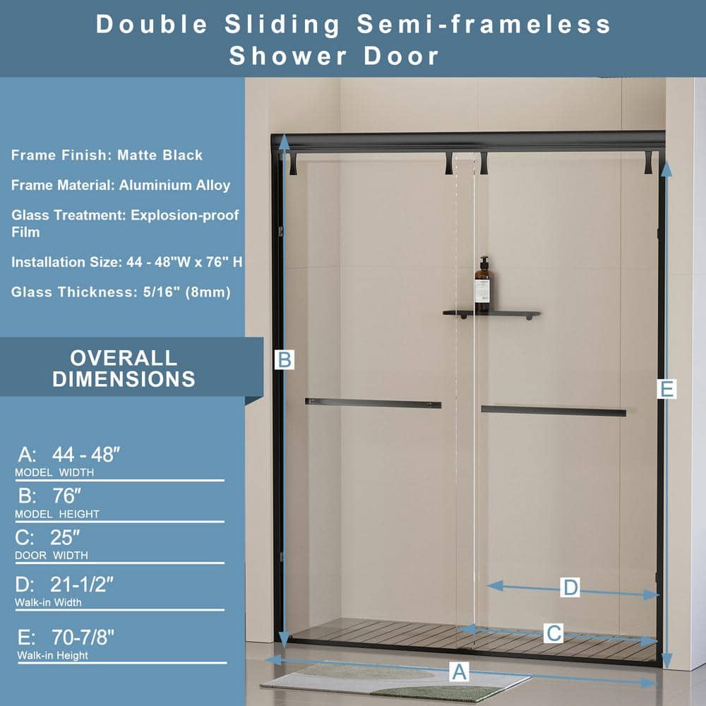 EAKYHOM 44 in. to 48 in. W x 76 in. H Double Sliding Semi-Frameless Shower Door in Matte Black Finish w/ 5/16 in. Tempered Glass