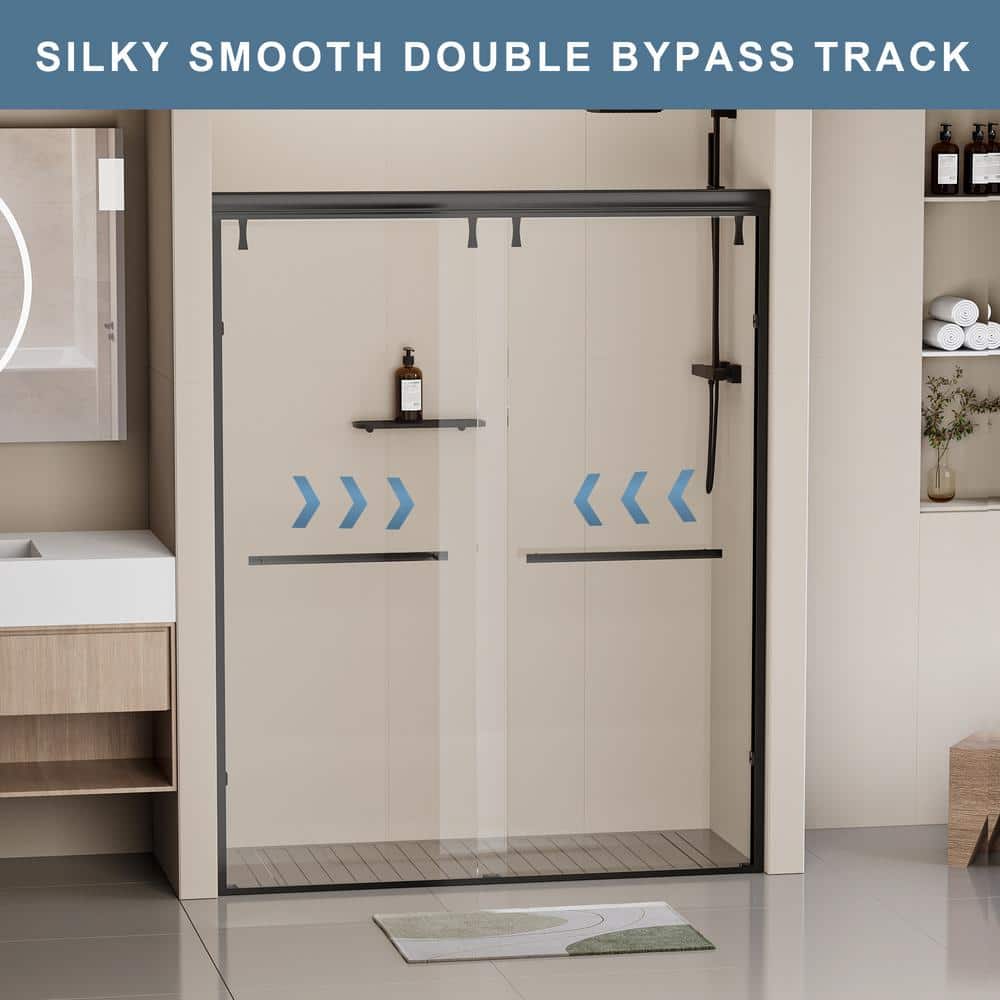 EAKYHOM 44 in. to 48 in. W x 76 in. H Double Sliding Semi-Frameless Shower Door in Matte Black Finish w/ 5/16 in. Tempered Glass