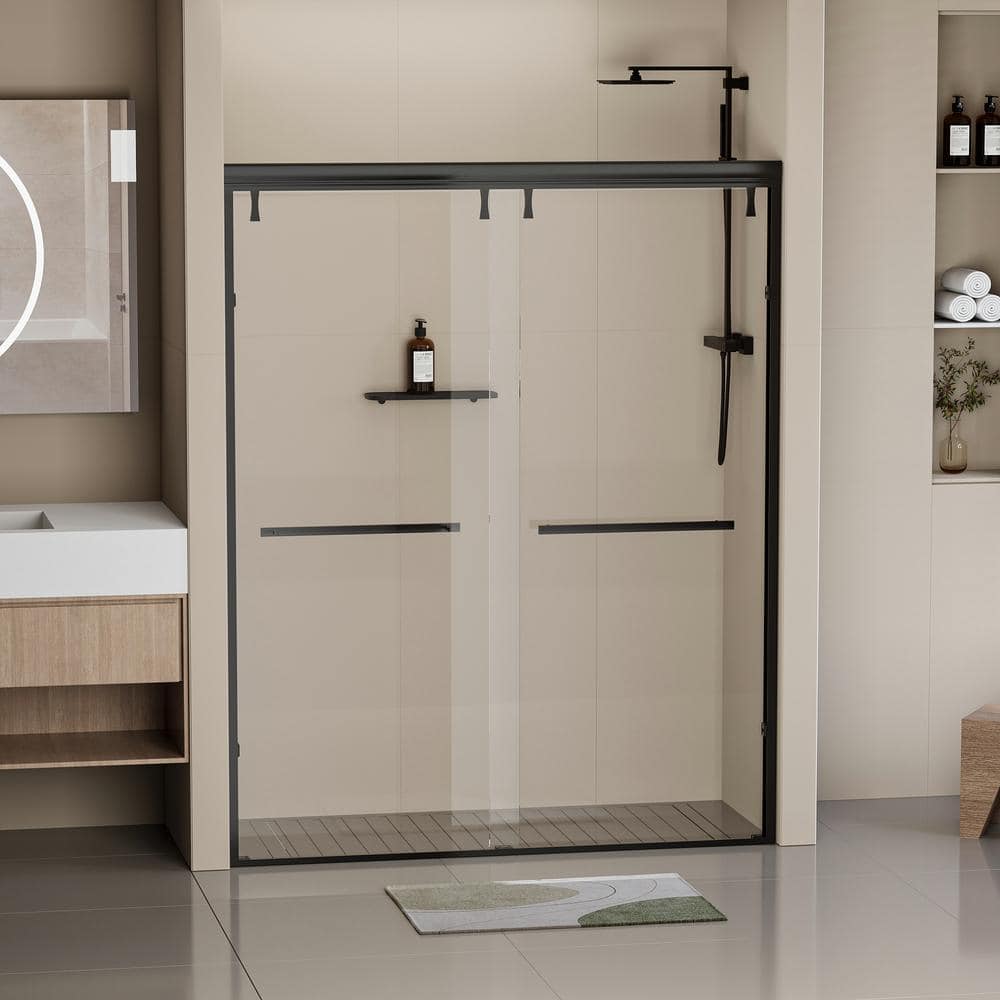EAKYHOM 44 in. to 48 in. W x 76 in. H Double Sliding Semi-Frameless Shower Door in Matte Black Finish w/ 5/16 in. Tempered Glass