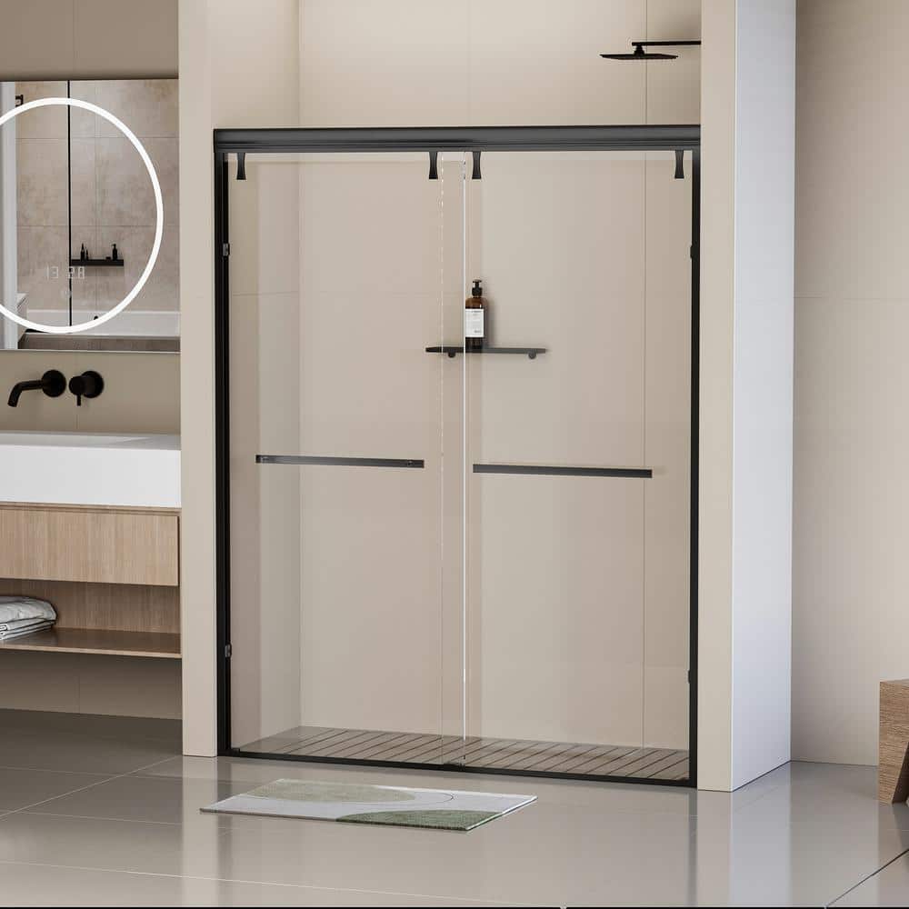 EAKYHOM 44 in. to 48 in. W x 76 in. H Double Sliding Semi-Frameless Shower Door in Matte Black Finish w/ 5/16 in. Tempered Glass