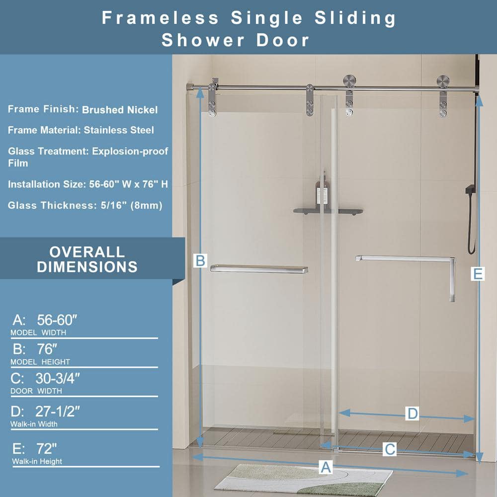 EAKYHOM 56 in. to 60 in. W x 76 in. H Single Sliding Frameless Shower Door in Brushed Nickel Finish with 5/16 in. Tempered Glass