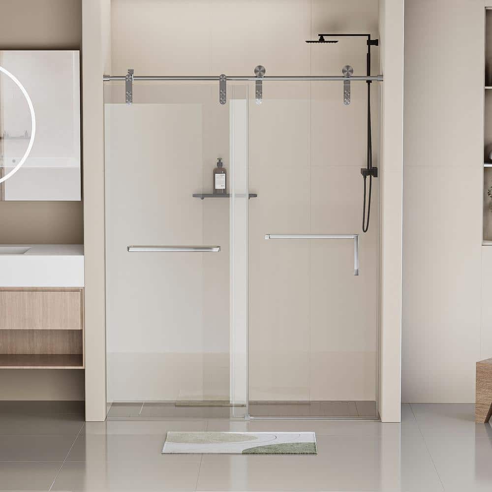 EAKYHOM 56 in. to 60 in. W x 76 in. H Single Sliding Frameless Shower Door in Brushed Nickel Finish with 5/16 in. Tempered Glass