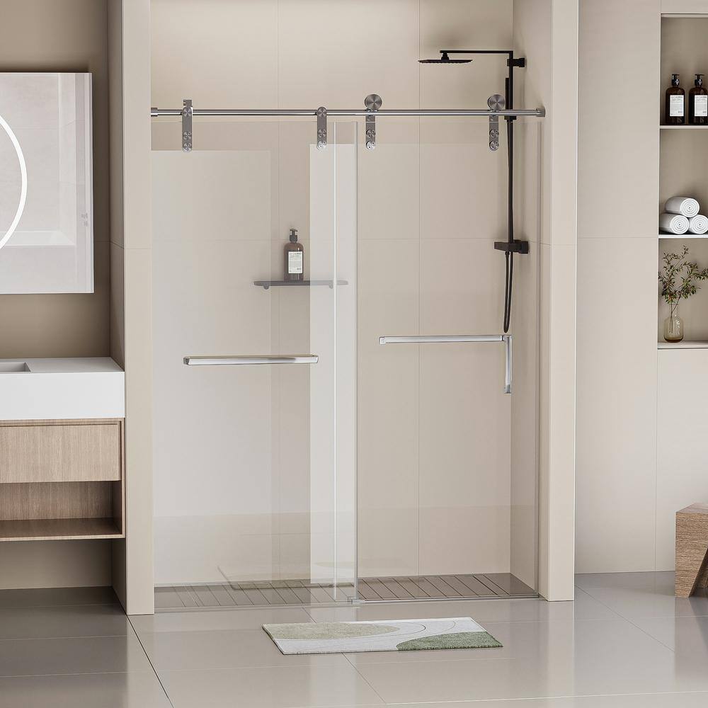 EAKYHOM 56 in. to 60 in. W x 76 in. H Single Sliding Frameless Shower Door in Brushed Nickel Finish with 5/16 in. Tempered Glass